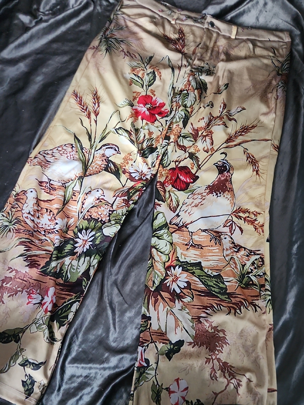 Floral & Quail Print Pants - Beige Yellow with Multicolor Floral
